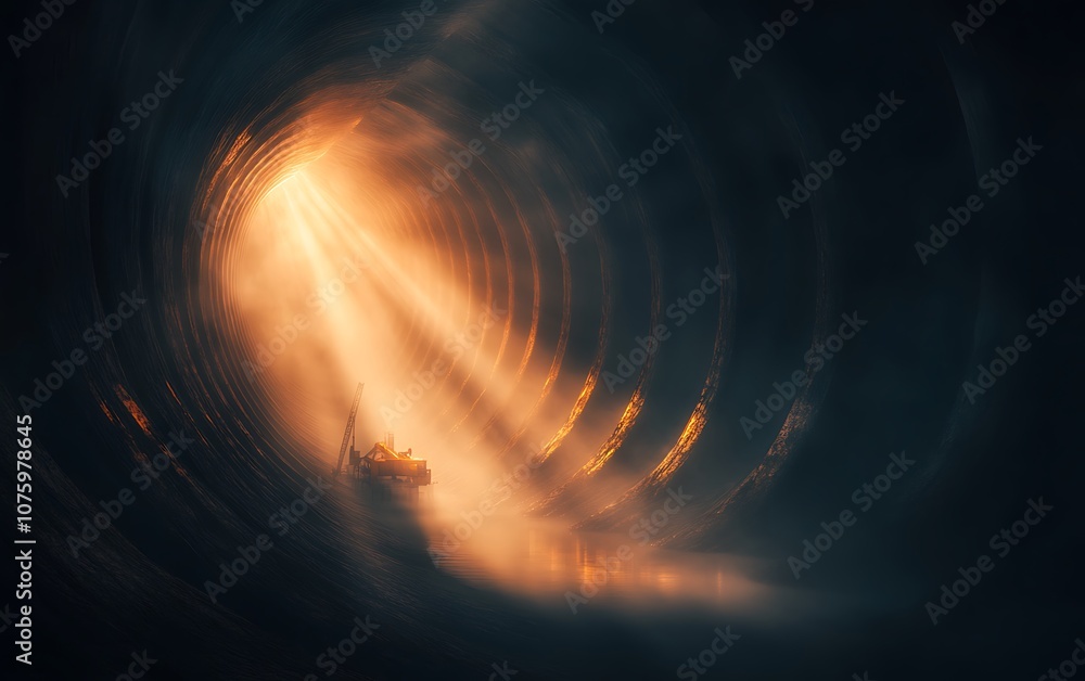 Poster a captivating view of a tunnel illuminated by warm light, creating a mysterious and enchanting atmos