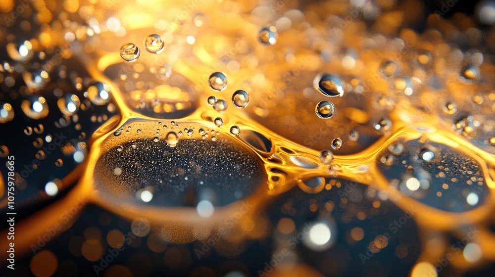 Poster close-up view of water droplets on a colorful surface with abstract patterns in warm tones of orange