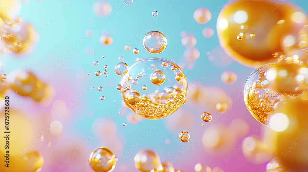 Poster abstract colorful background with floating bubbles and drops in shades of orange and gold, creative 