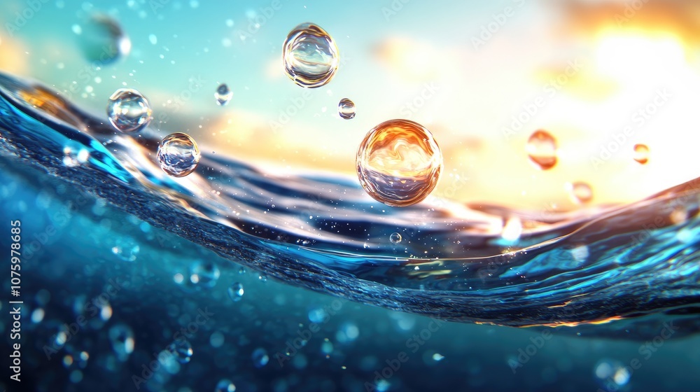 Poster mesmerizing close-up view of water surface with droplets illuminated by sunlight, capturing the esse
