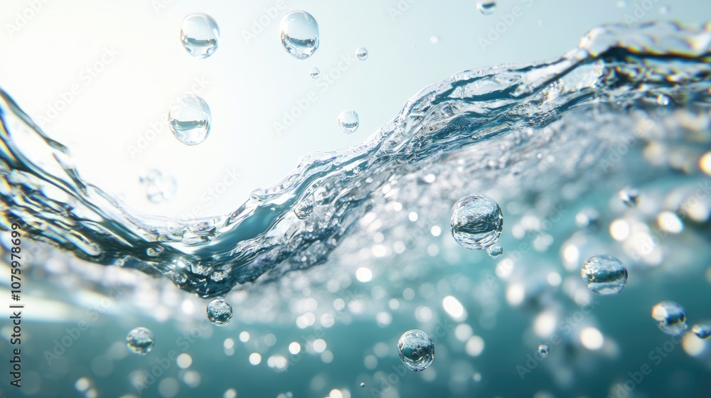 Poster bubbles rising through clear water surface creating beautiful underwater scene with light reflection