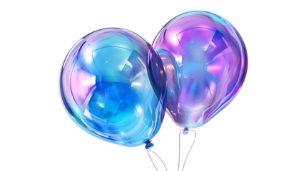 3D render of two balloons in blue and purple hues, with a fluid, holographic iridescent finish with white background