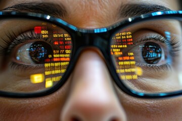 A close up of both eye wearing glasses, reflecting stock trading board.

