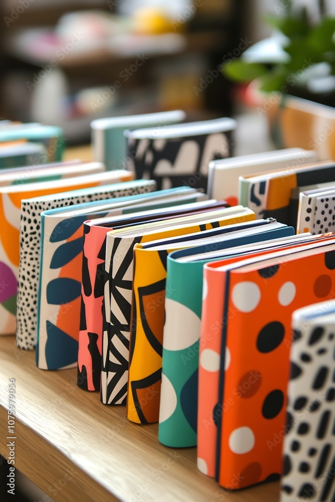 Poster artful array of patterned notebooks on a contemporary desk