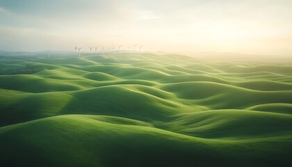 Obraz premium A serene landscape of rolling green hills under a soft, glowing sky, suggesting tranquility and natural beauty.