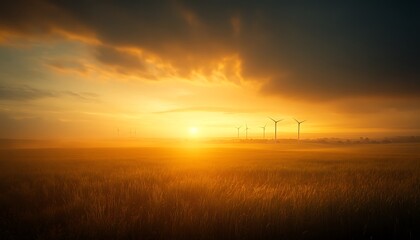 A serene sunrise over a misty landscape, with golden light illuminating the sky and distant birds in flight.