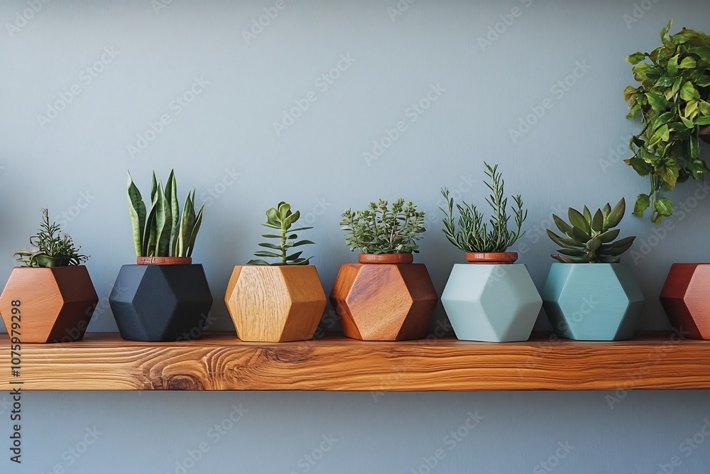 Poster geometric hexagonal storage boxes neatly arranged on stylish minimalist shelf in modern home