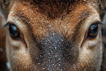 Close-up view of a deer's striking eyes covered in snowflakes.
