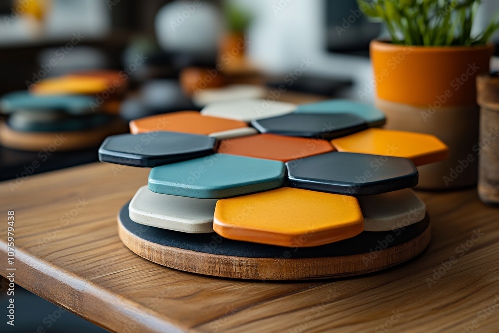 Poster close up of circular coasters and hexagonal plates on a dining table with modern home decor styling