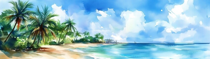 Fototapeta premium Tropical Beach Watercolor Scene with Blue Sky, Palm Trees, and Boats, Evoking Peaceful Serenity