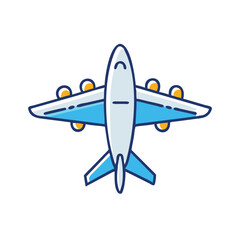 Flat blue airplane icon top view, Vector illustration of a simple blue airplane viewed from above in a flat design, representing travel, aviation, and air transportation.
