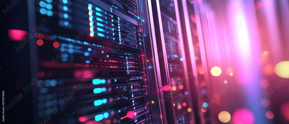 Poster close-up of server rack in data center filled with unique servers, set against blurred futuristic ci