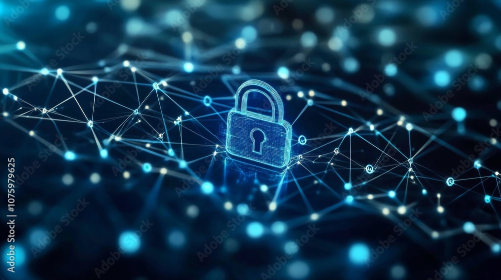 Poster secure blue metal padlock in network of interconnected lines and dots on dark background