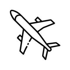 Airplane icon with black outline design, Vector illustration of a simple airplane in black outline style, representing air travel, aviation, and transportation.
