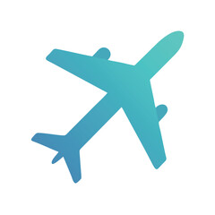 Obraz premium Flat blue airplane icon top view, Vector illustration of a simple blue airplane viewed from above in a flat design, representing travel, aviation, and air transportation. 