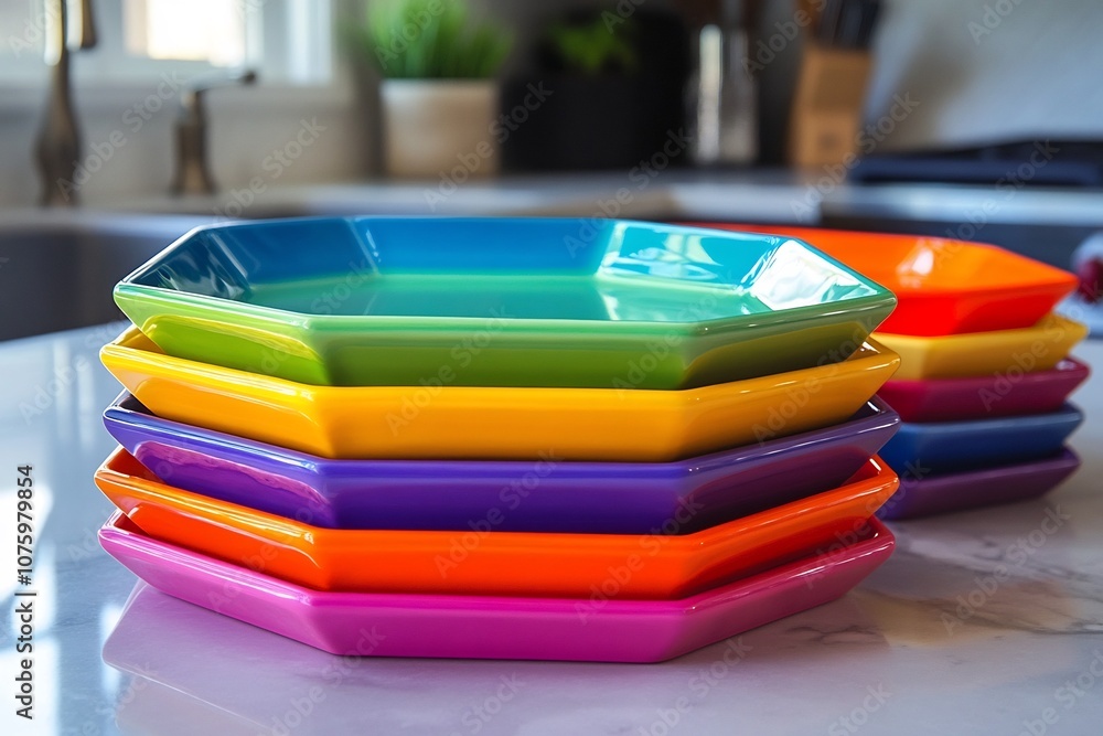 Poster stacked hexagonal colorful plates in modern kitchen setting