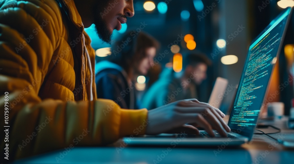 Poster a close-up shot of a team member typing code on a laptop, with other programmers collaborating in th