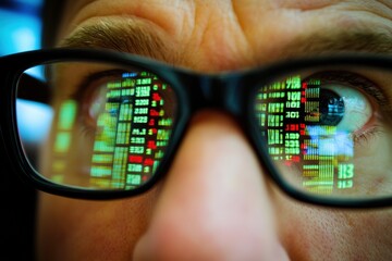 A close up of both eye wearing glasses, reflecting stock trading board.


