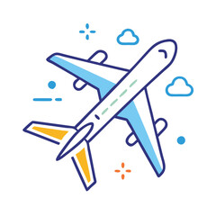 Airplane icon with clouds in flight, Vector illustration of an airplane in blue and yellow flying among clouds, symbolizing air travel, transportation, and a journey in the sky.
