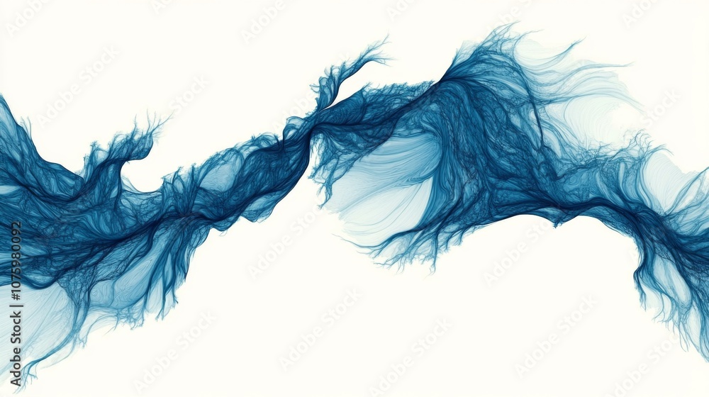 Poster blue and white abstract digital art with wave-like pattern and striking contrast of deep and subtle 