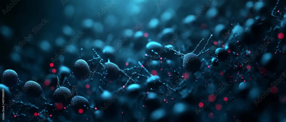 Poster floating dark blue metallic spheres with red dots in futuristic abstract composition, creating depth