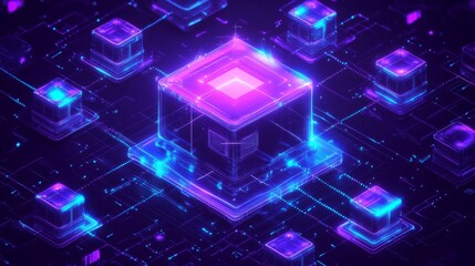 Obraz premium Futuristic 3D Cityscape of Interconnected Cubes and Squares in Blue, Pink, and Purple Tones on Dark Background