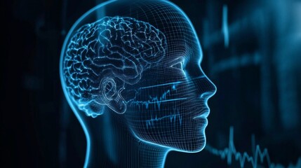 Futuristic Close-Up of Human Head with Blue Background and Pulse Graph Representing Brain Activity - Tech Concept.