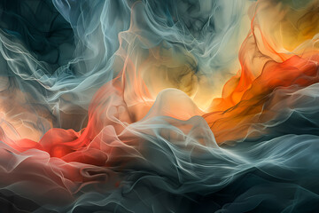 Fototapeta premium A mesmerizing abstract swirl of translucent colors, featuring hues of orange, blue, and grey, creating a dreamy ethereal atmosphere.
