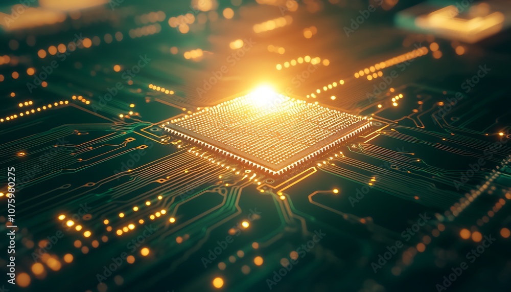 Poster a close-up view of a glowing microchip surrounded by intricate circuitry, showcasing the beauty of t