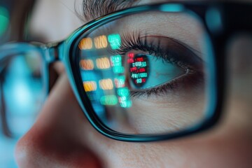 A close up of both eye wearing glasses, reflecting stock trading board.

