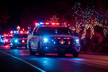 Fire trucks and police cars decorated with holiday lights join the parade. The community enjoys seeing their local heroes, Generative AI