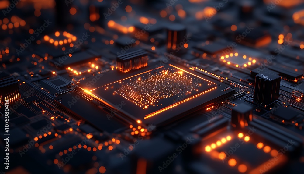 Poster A close-up view of a circuit board illuminated with glowing orange lights, showcasing intricate microchips and electronic components.