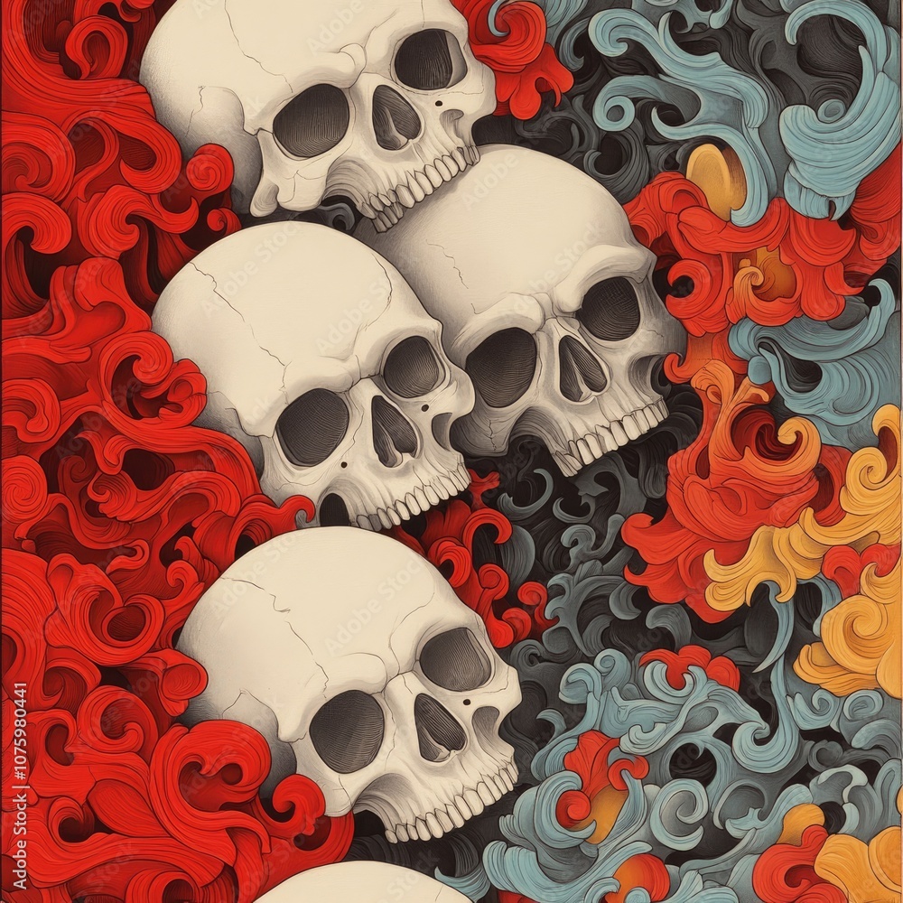 Poster Artistic Design Featuring Skull Illustrations in a Colorful Abstract Background with Dynamic Swirls and Fiery Hues for Creative Projects