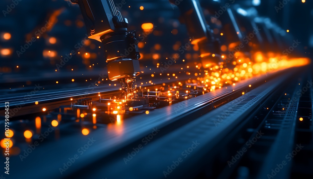 Aufkleber A close-up view of a futuristic manufacturing process with sparks flying, highlighting advanced technology and industrial automation.