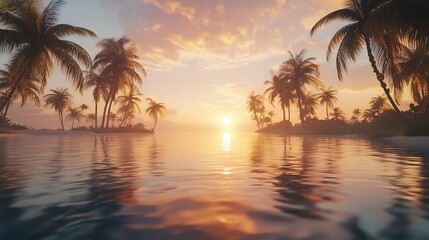 A serene sunset over a calm ocean, framed by palm trees, creating a tranquil tropical atmosphere.