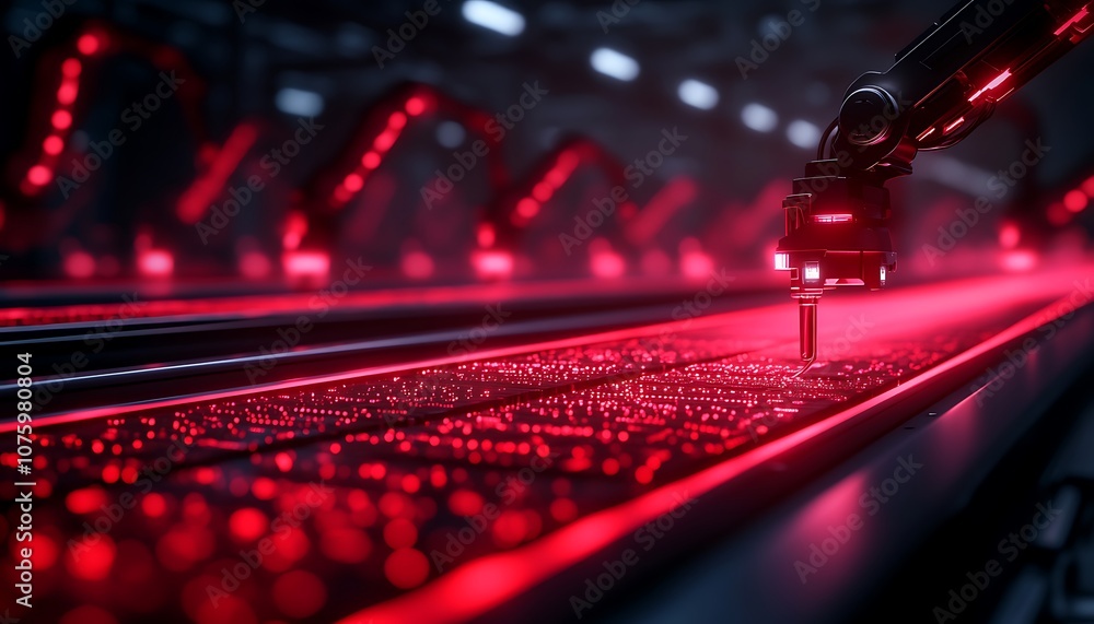 Poster A robotic arm interacts with a red-lit surface, showcasing advanced technology in a modern industrial environment.