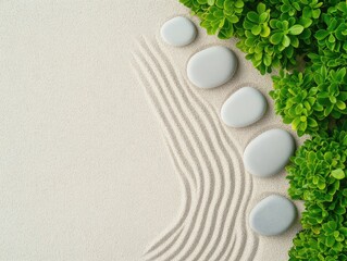 Obraz premium Tranquil Zen Garden with Smooth Stones and Lush Green Plants Against Soft Sand Background, Perfect for Wellness and Mindfulness Themes