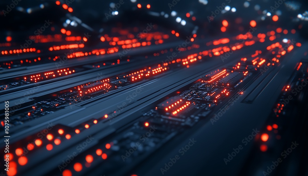 Poster A detailed view of a circuit board with glowing red lights, creating a futuristic and tech-focused atmosphere.