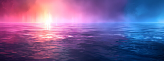 A mesmerizing twilight view over calm waters, showcasing vibrant hues of pink, purple, and blue reflected in the serene ocean surface.