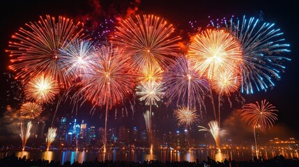 Spectacular Fireworks Display Over City Skyline