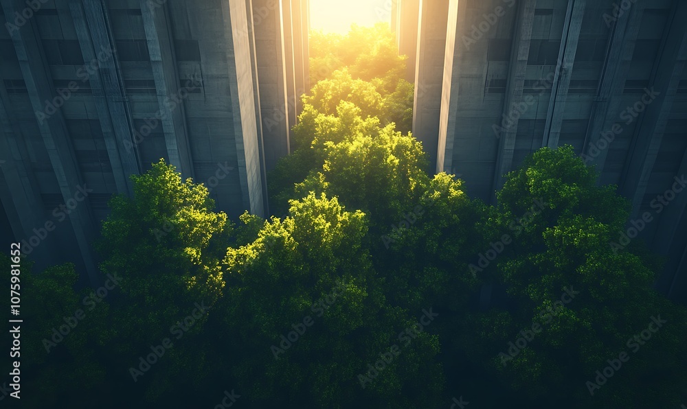 Aufkleber a vibrant green forest emerges between towering concrete structures, illuminated by rays of sunlight