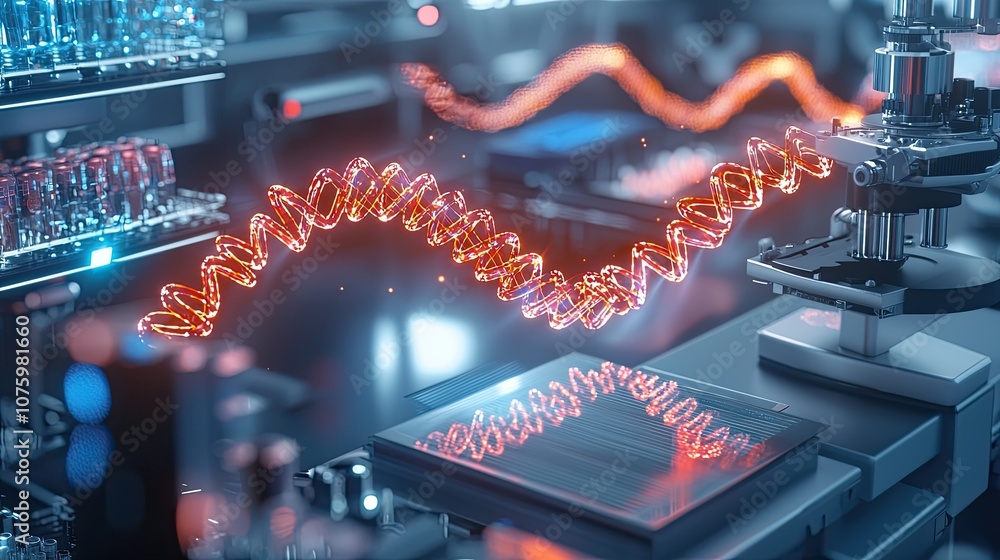 Poster stunning visualization of dna helix in a high-tech laboratory setting with bright orange light waves