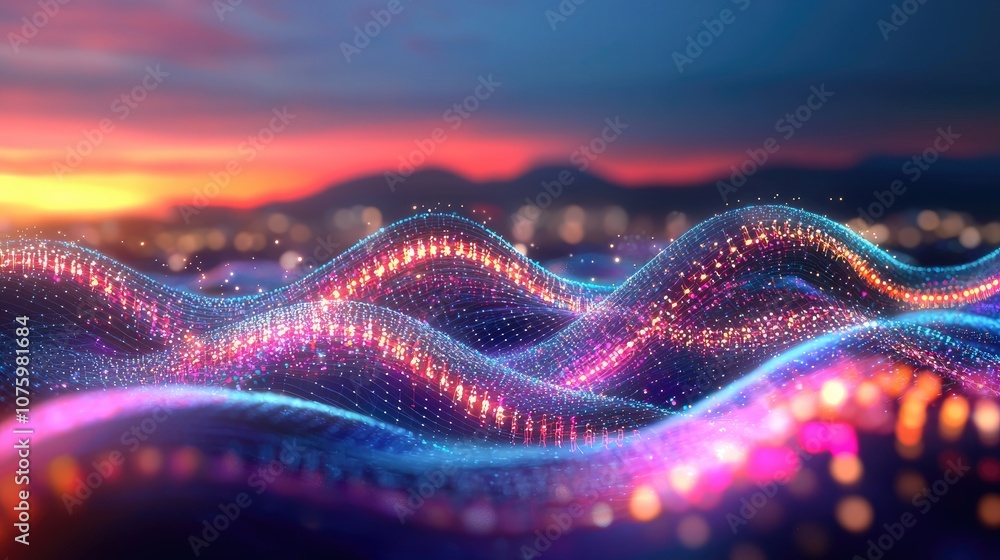 Poster vibrant abstract waves of light with multicolored particles over a beautiful twilight background, sh
