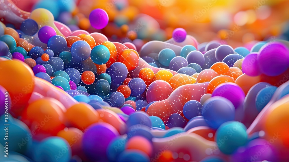 Poster vibrant abstract composition of colorful spheres and fluid shapes with dynamic depth and texture, ev