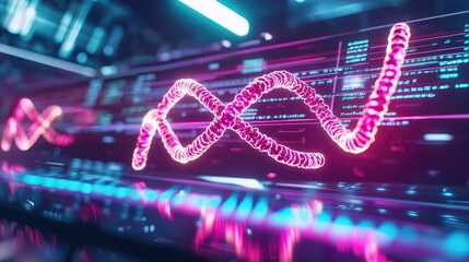 Futuristic Visualization of DNA Structure with Glowing Helix and Digital Data Elements Representing Genetic Research and Biotechnology Concepts in a Sci-Fi Environment