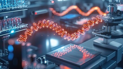 Stunning Visualization of DNA Helix in a High-Tech Laboratory Setting with Bright Orange Light Waves Illustrating Genetic Research and Innovation in 3D Render
