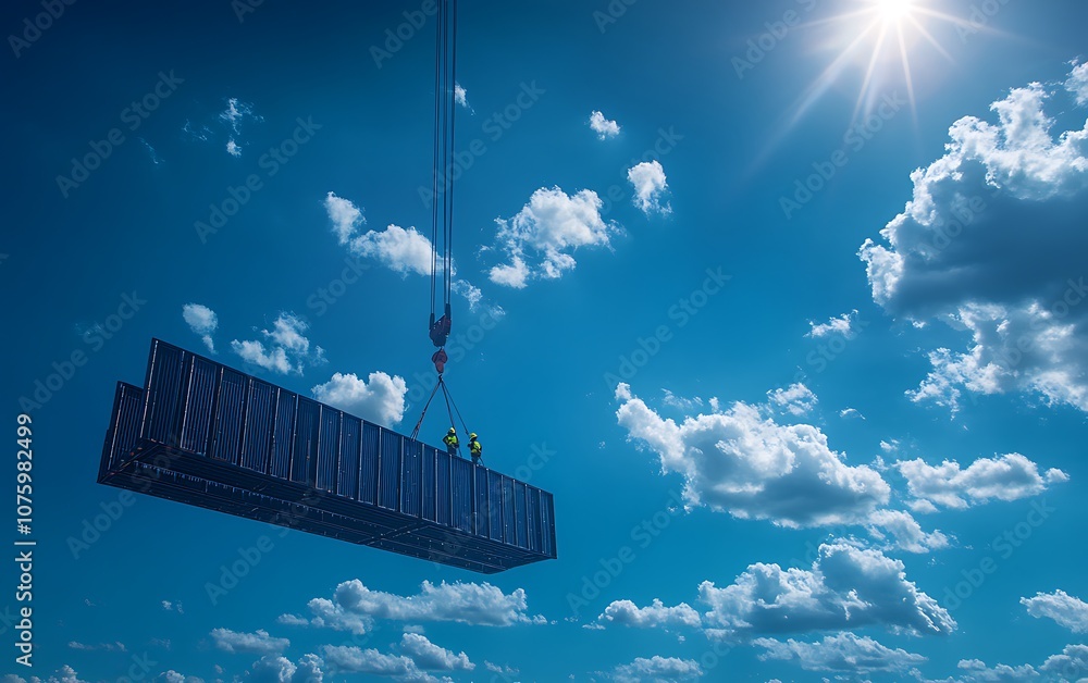Aufkleber a crane lifts a large object against a bright blue sky scattered with fluffy clouds, illuminated by 