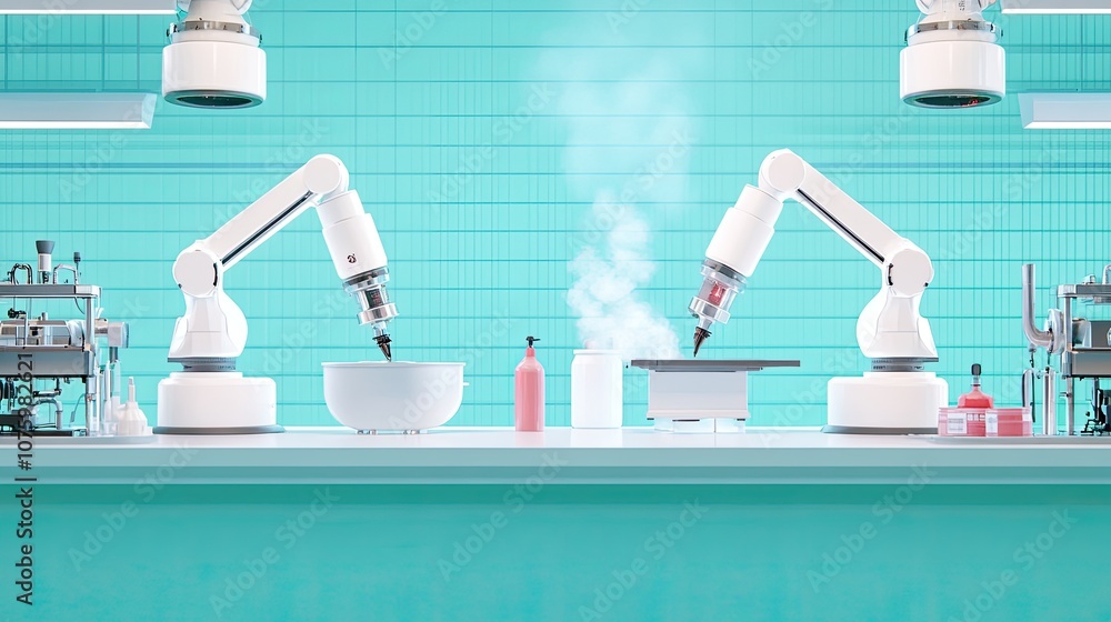 Poster advanced robotic arms in a modern laboratory setting performing experimentation and mixing scientifi