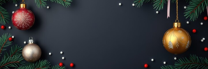 Festive Christmas Border with Ornaments and Pine Branches on a Dark Background, copy space background,