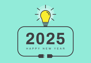 Happy new year 2025 with a light bulb on blue background. Idea and creative, inspiration concepts. Vector illustration. 